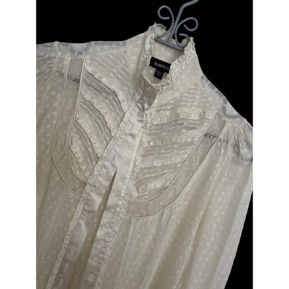 Vintage Bebe Women's Ruffle Button-Up Long Sleeve Blouse Ivory - Size XS - Picture 5 of 9